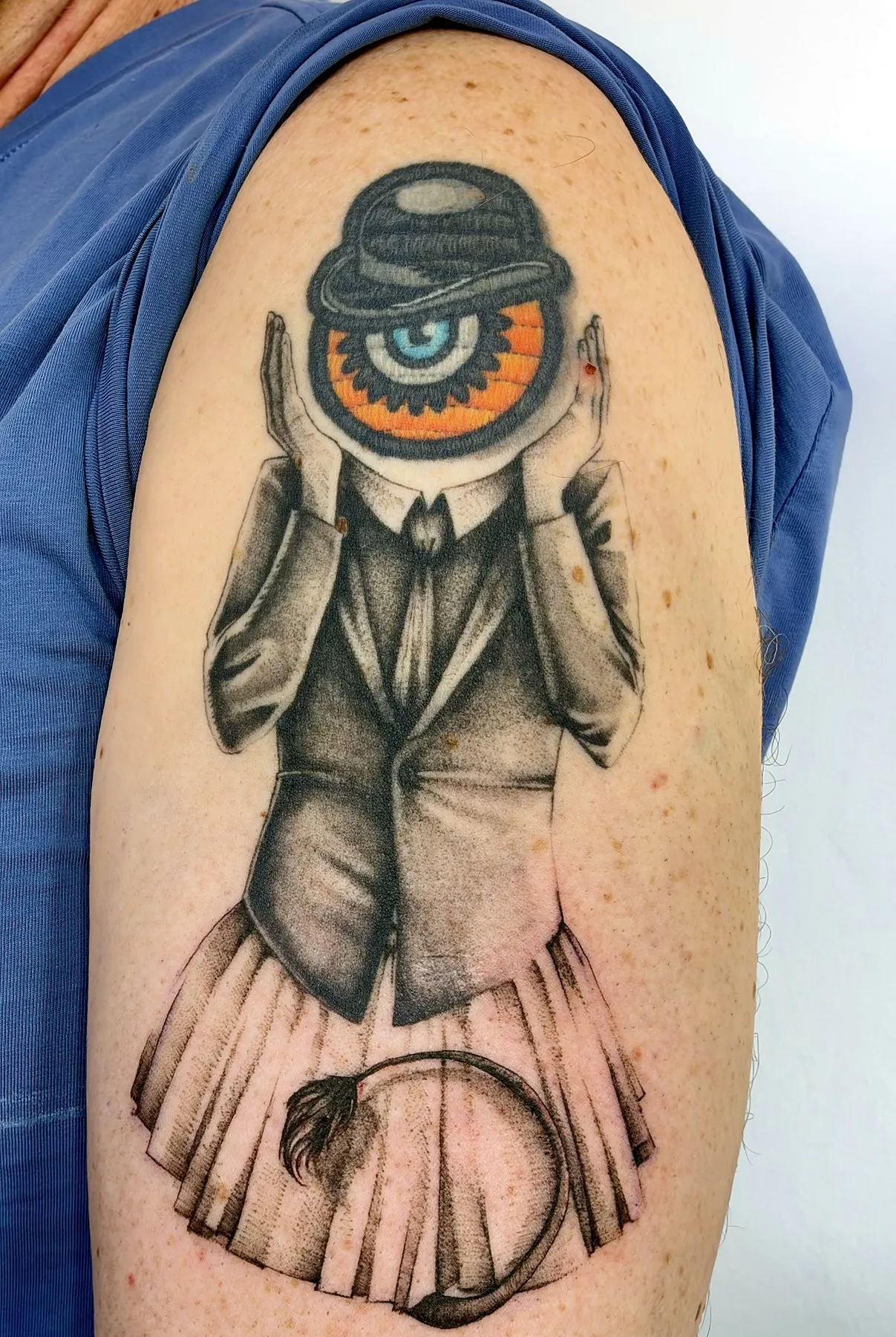 Surreal eye after Magritte — black-and-grey realism with color
